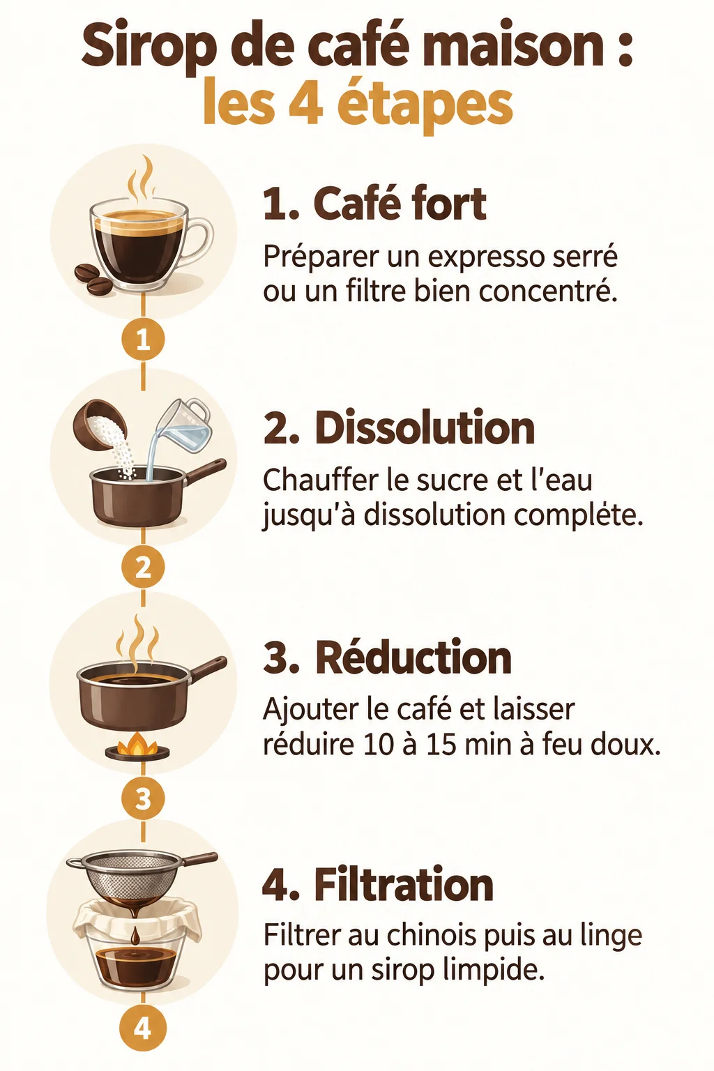 Sirop de café maison : les 4 étapes : 1. Café fort, 2. Dissolution, 3. Réduction, 4. Filtration