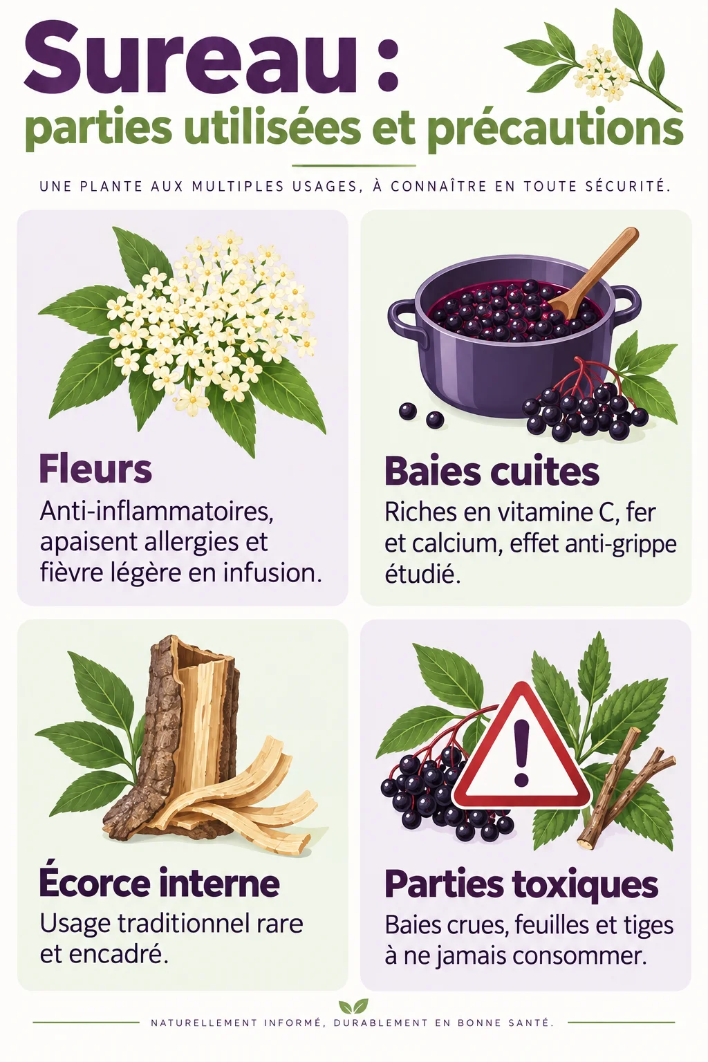 Sureau : parties utilisées et précautions : Fleurs, Baies cuites, Écorce interne, Parties toxiques