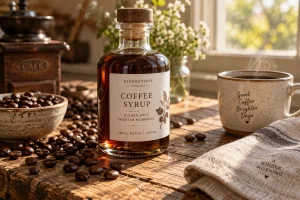 Bouteille de sirop de café maison sur une table en bois avec des grains de café