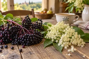Baies et fleurs de sureau fraîches posées sur une table en bois avec une tisane en fond